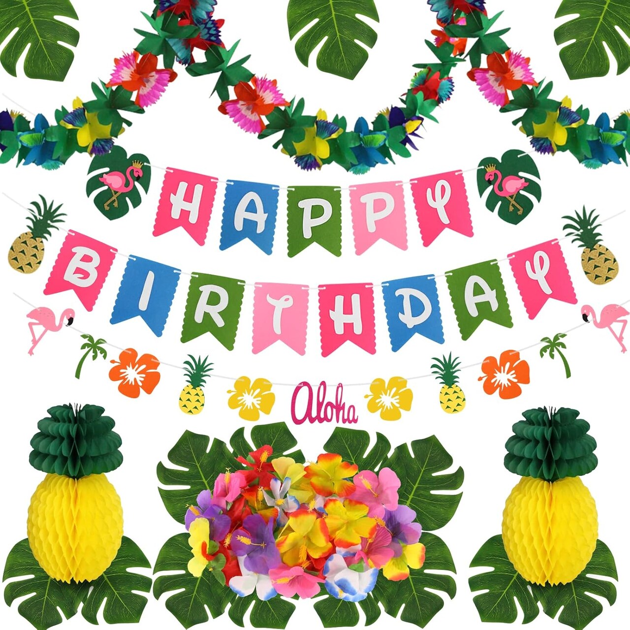 Hawaiian Party Decorations, Luau Birthday Party Decorations Hawaiian Birthday Banner Palm Leaves Hibiscus Flowers Paper Pineapples Flamingo Tropical Garland for Summer Beach Moana Party Decor